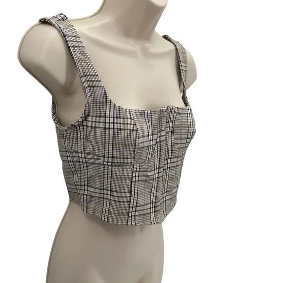 NWT Full Tilt Womens Cream Black Plaid Hook & Eye Closure Sleeveless Crop Top M - Picture 2 of 10